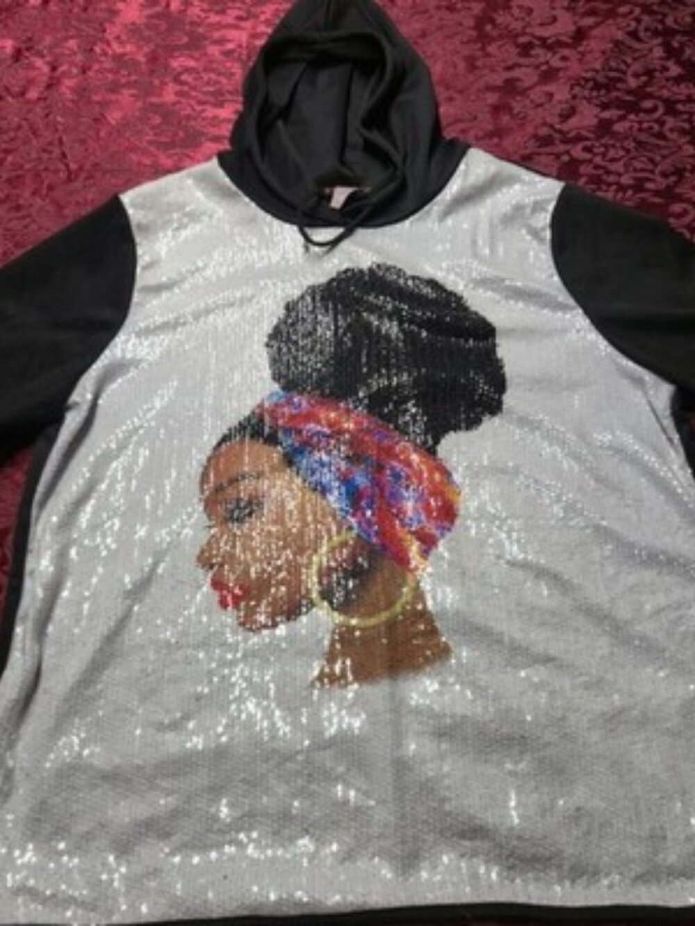 Rainbow Sequin Graphic Hoodie Shirt Black Silver Women's Short Sleeve Top Sz XXL